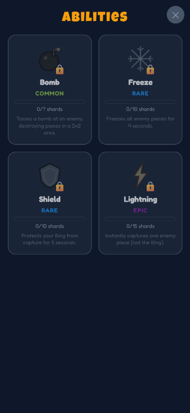 Chess Arena abilities — Bomb, Freeze, Shield, Lightning with shard-based unlocks