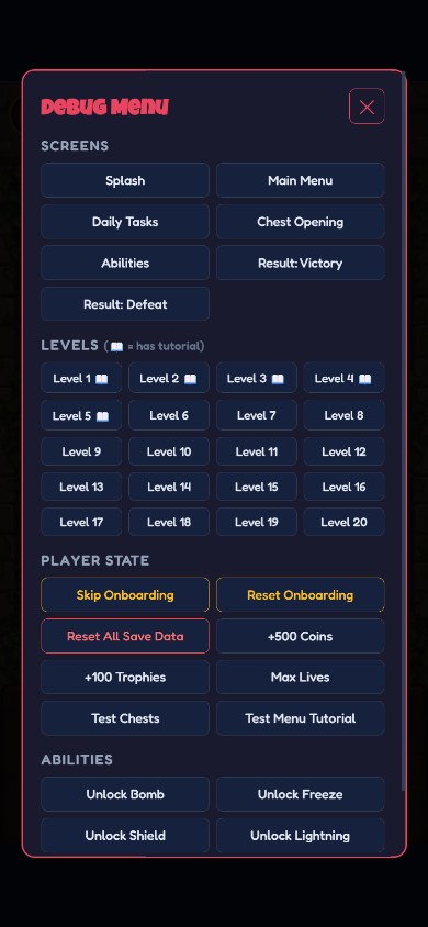 Chess Arena debug menu — jump to any screen, level, or player state