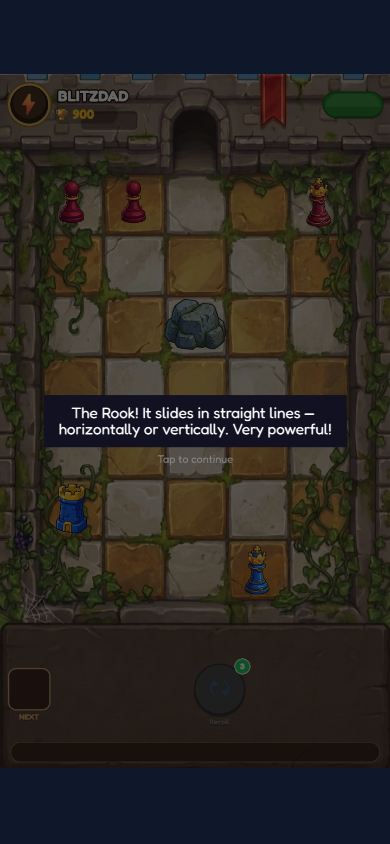 Chess Arena gameplay — chess pieces on a 4x8 board with opponent banner and tutorial overlay