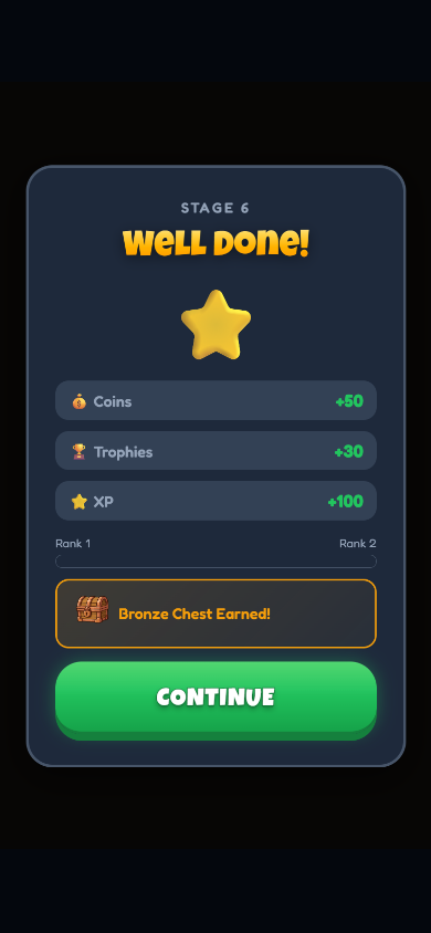 Chess Arena victory screen — coins, trophies, XP rewards and Bronze Chest earned
