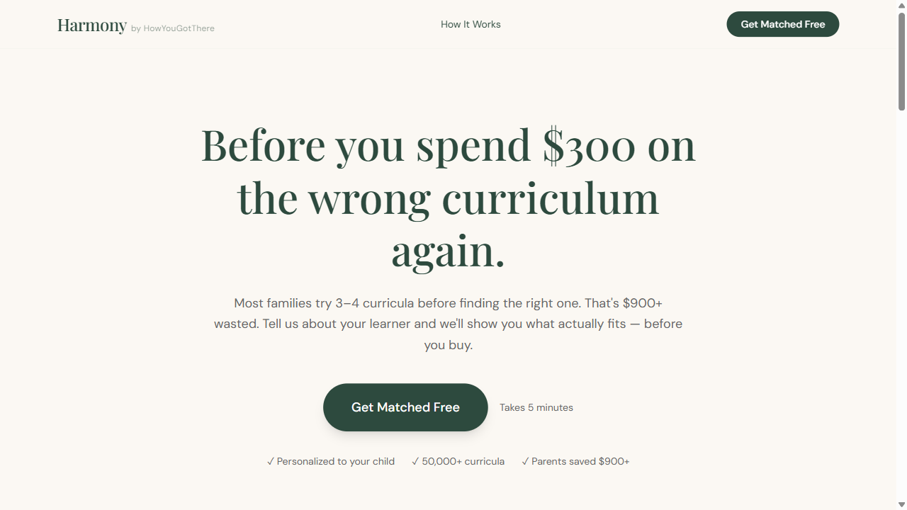 Harmony landing page at howyougotthere.com